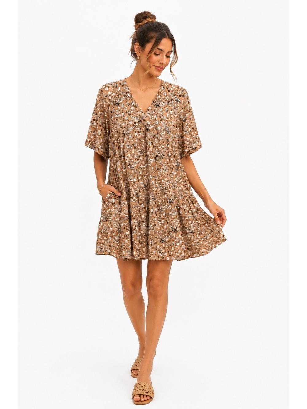 Anthropologie Let Me Be Floral Babydoll Mini Dress Brown Print Size 2 Petite